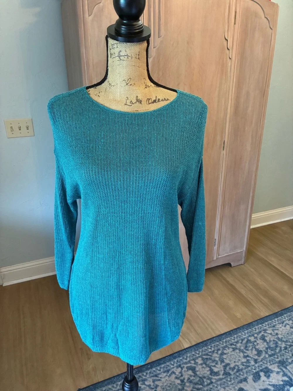 J. Jill Linen Blend Tunic Sweater Aqua Blue Open Knit Beachy Artsy M
